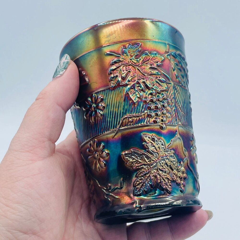 Indiana Carnival Glass Harvest Grape Tumbler - Iridescent Rust / Red - 4"